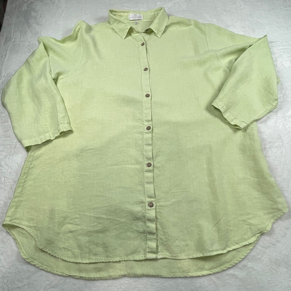 Soft Surroundings Lime Green 100% Linen Button Down Tunic Top 2XL Plus Size Boho